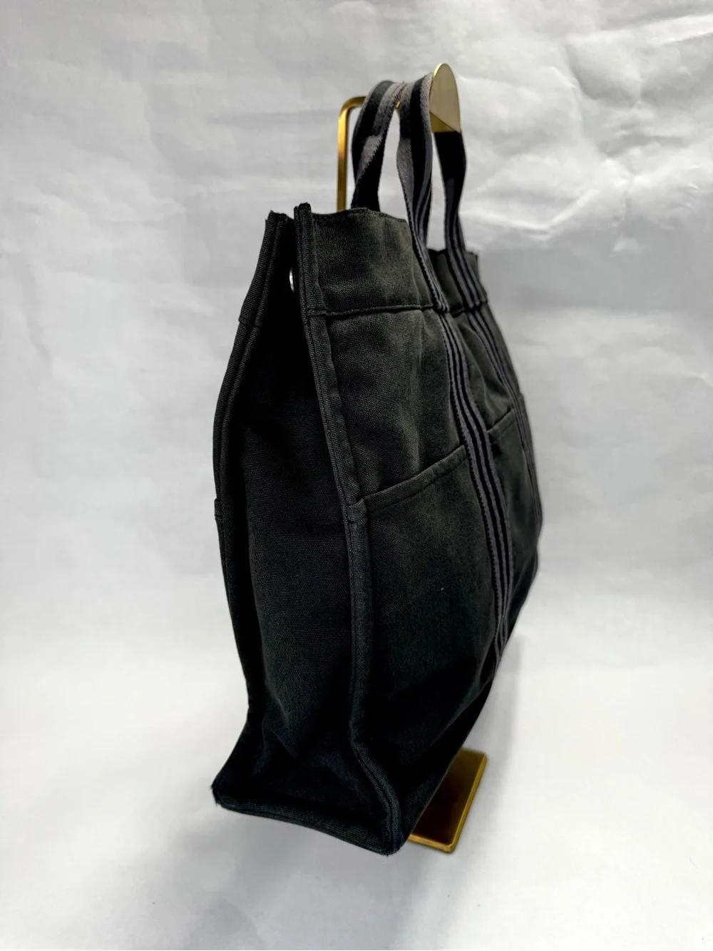 Hermès Fourre Tout MM Black Canvas Tote Gray Stripe